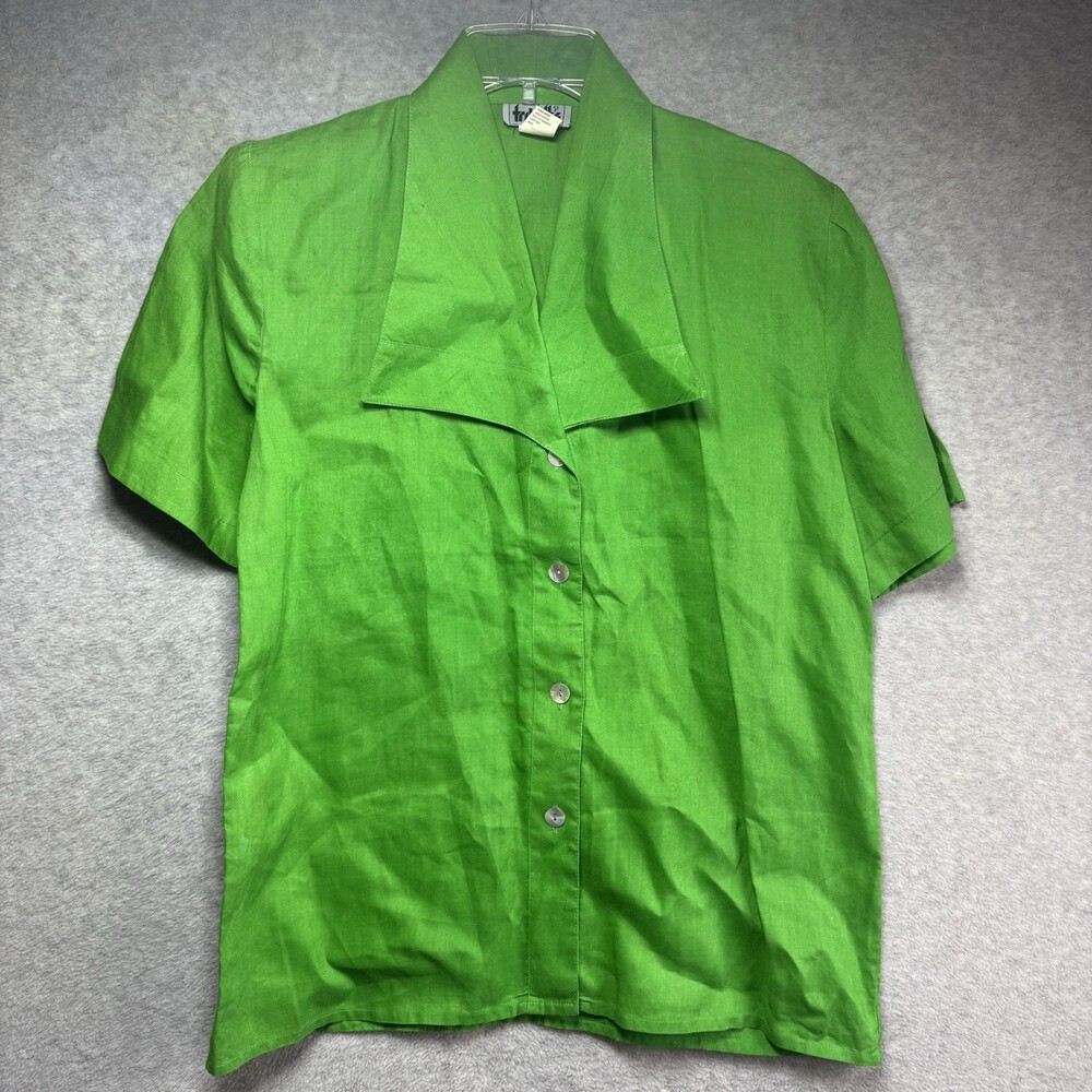 Vintage 100% Linen Blouse Button Up Green Collared Short Sleeve Minimalist 90s